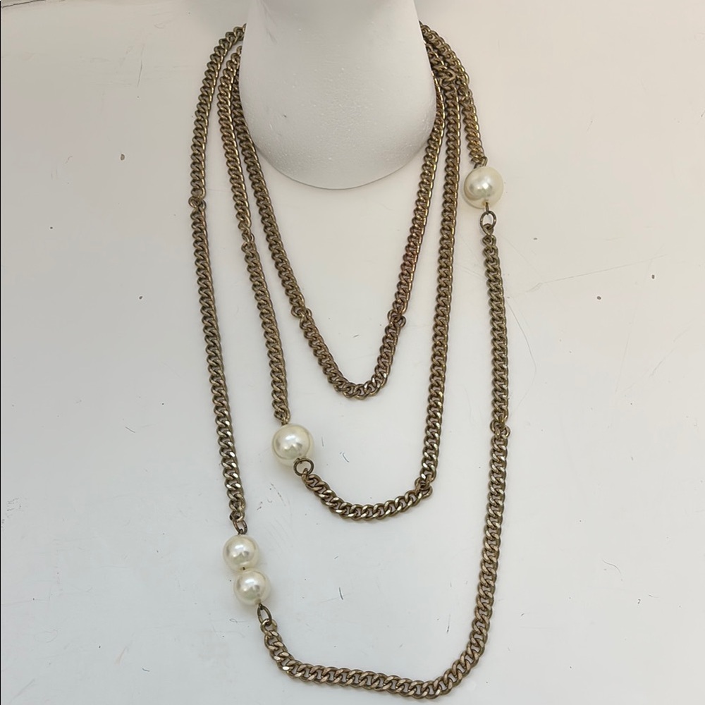 Layered Gold-Tone Chain Necklace with Pearl Accents